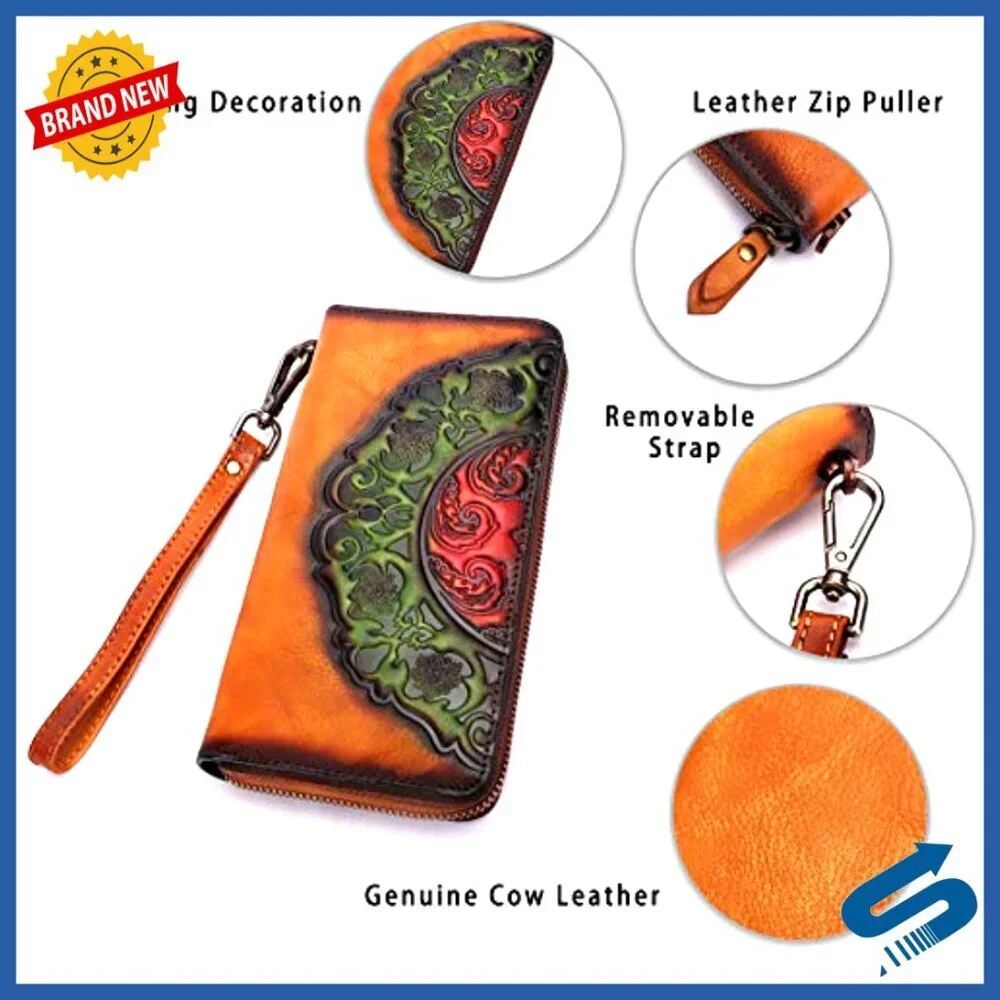 Genuine Leather Small Clutch Wallet with 8 Card Slots and Zipper Pocket